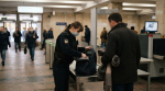 инспектор транспортной безопасности досматривает сумку пассажира в вестибюле метро Нижнего Новгорода
